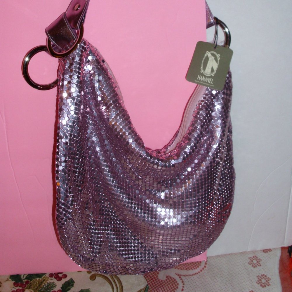 HANANEL Pink Shoulder Hobo Fun Mesh Disco Cosmetic Bag 16"L x 0"W x 13"H